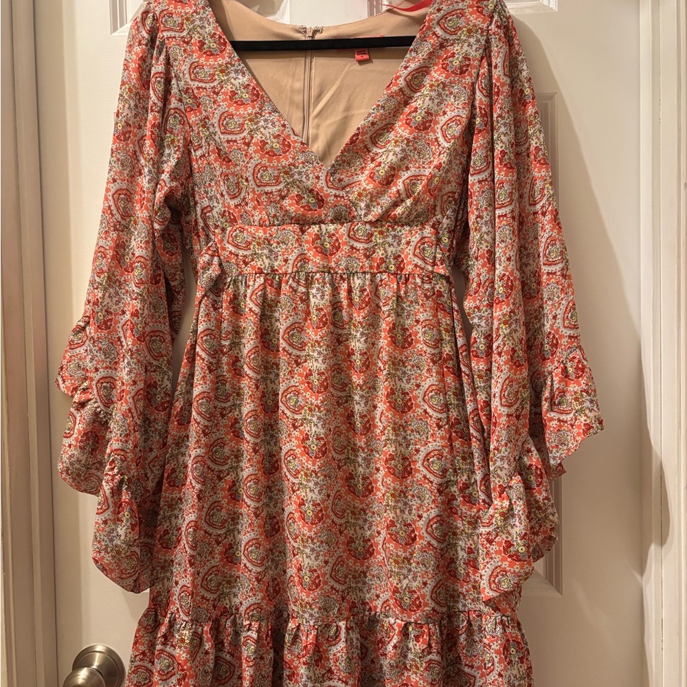 Betsey Johnson Multicolor Paisley Long Sleeve Dress size 14 short cocktail dress